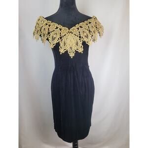 Scott McCliontok Regency Whimsygoth Velvet Off Shoulder Dress Black Gold Trim 12